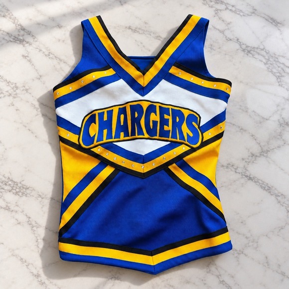 Broadway Supply Tops - Y2K Chargers Cheerleader Top Rhinestone Jersey Tank Pointed V Hem Sporty 2000s